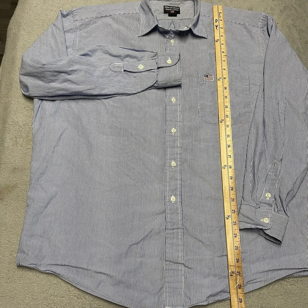 Polo Jeans Ralph Lauren Shirt Mens Large Blue‎ Striped Button Up Flag Logo Y2K